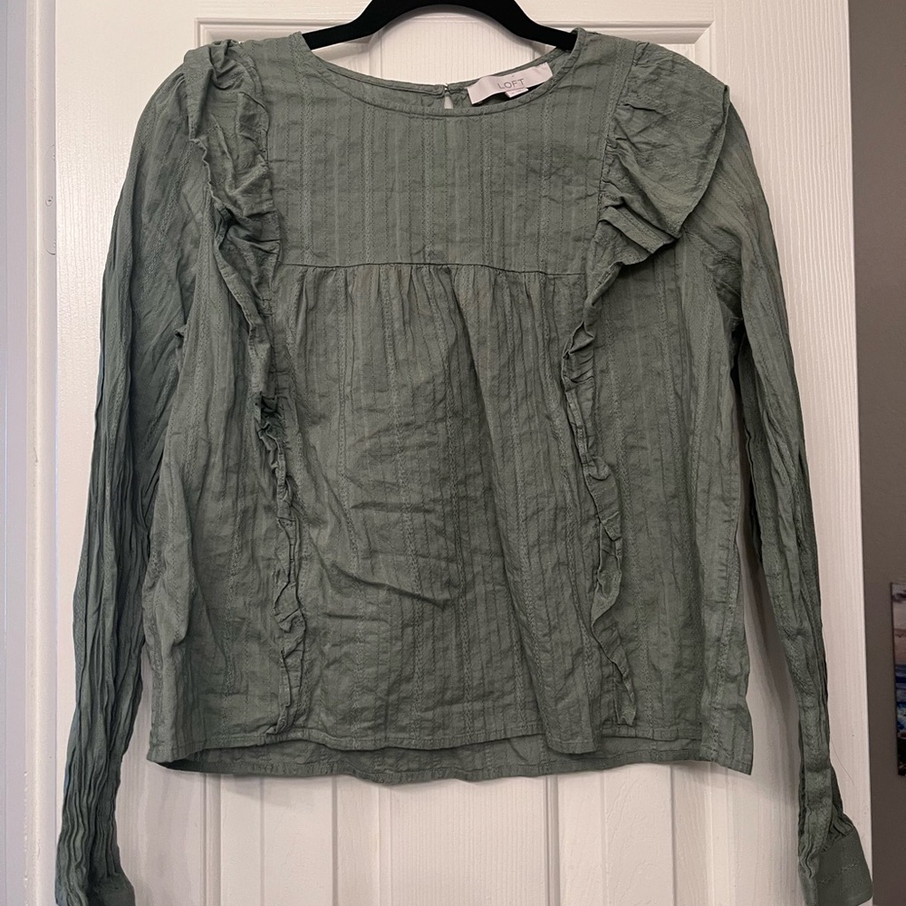 LOFT Sage Ruffle Blouse 100% Cotton Size Medium